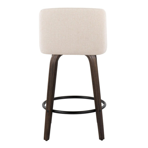 English Elm 26 Inch Swivel Counterstools with Bentwood Base Grey Upholstery and Metal Footrest Set Cream Fabric B202S02447