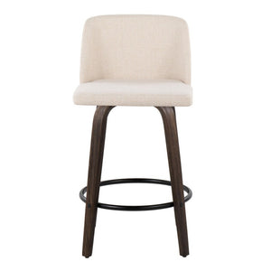 English Elm 26 Inch Swivel Counterstools with Bentwood Base Grey Upholstery and Metal Footrest Set Cream Fabric B202S02447