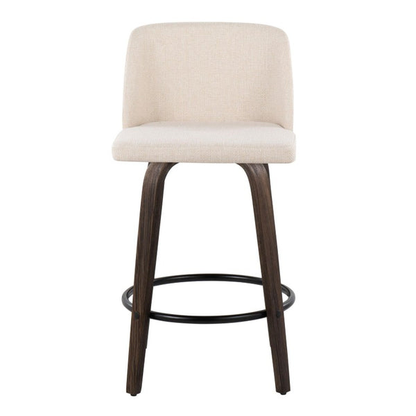 English Elm 26 Inch Swivel Counterstools with Bentwood Base Grey Upholstery and Metal Footrest Set Cream Fabric B202S02447