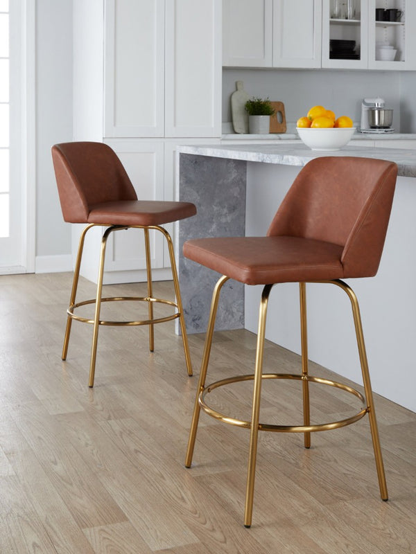 English Elm 26 Inch Swivel Counterstools with Bentwood Base Grey Upholstery and Metal Footrest Set Camel - A Faux Leather B202S02448