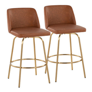English Elm 26 Inch Swivel Counterstools with Bentwood Base Grey Upholstery and Metal Footrest Set Camel - A Faux Leather B202S02448