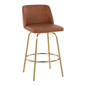 English Elm 26 Inch Swivel Counterstools with Bentwood Base Grey Upholstery and Metal Footrest Set Camel - A Faux Leather B202S02448