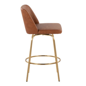English Elm 26 Inch Swivel Counterstools with Bentwood Base Grey Upholstery and Metal Footrest Set Camel - A Faux Leather B202S02448