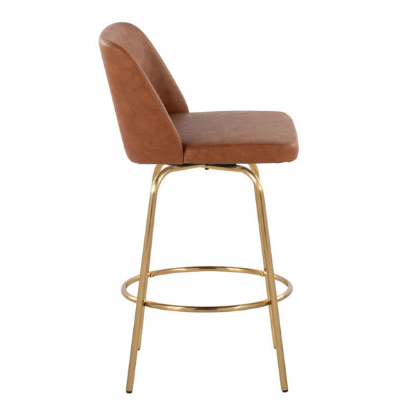 English Elm 26 Inch Swivel Counterstools with Bentwood Base Grey Upholstery and Metal Footrest Set Camel - A Faux Leather B202S02448