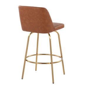 English Elm 26 Inch Swivel Counterstools with Bentwood Base Grey Upholstery and Metal Footrest Set Camel - A Faux Leather B202S02448