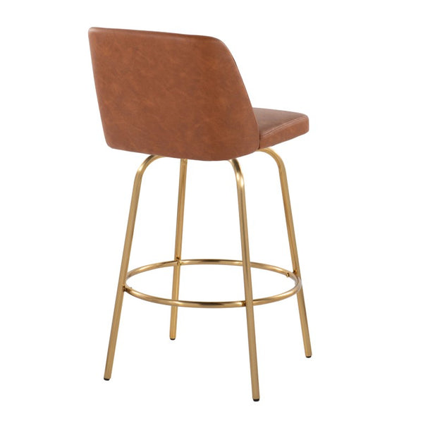 English Elm 26 Inch Swivel Counterstools with Bentwood Base Grey Upholstery and Metal Footrest Set Camel - A Faux Leather B202S02448