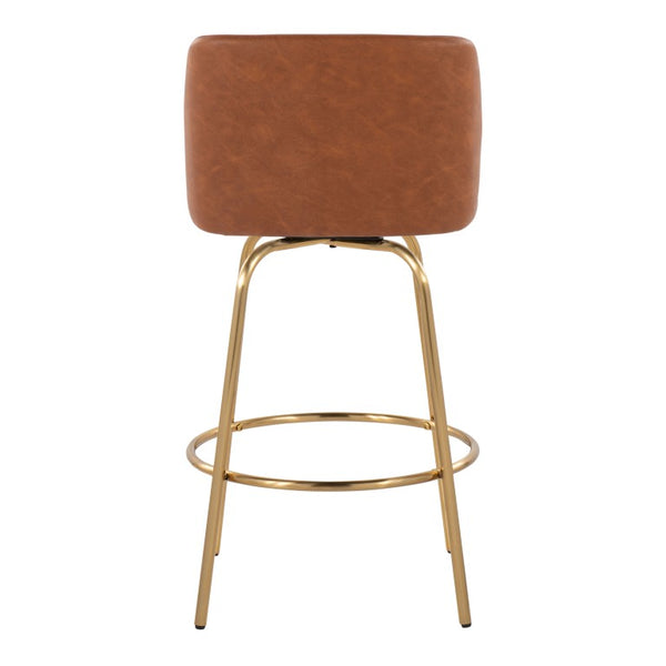 English Elm 26 Inch Swivel Counterstools with Bentwood Base Grey Upholstery and Metal Footrest Set Camel - A Faux Leather B202S02448