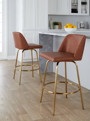 English Elm 26 Inch Swivel Counterstools with Bentwood Base Grey Upholstery and Metal Footrest Set Camel - A Faux Leather B202S02448