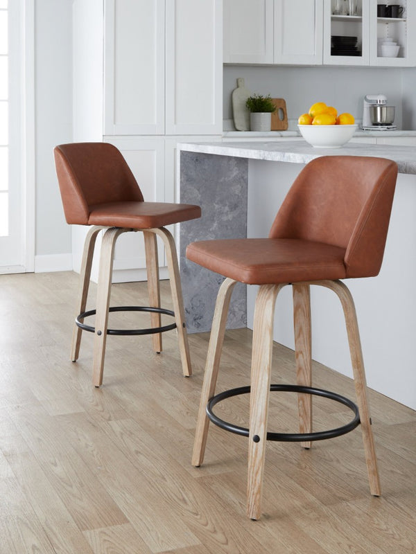 English Elm 26 Inch Swivel Counterstools with Bentwood Base Grey Upholstery and Metal Footrest Set Camel - B Faux Leather B202S02449