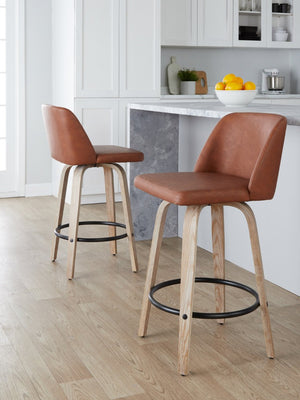 English Elm 26 Inch Swivel Counterstools with Bentwood Base Grey Upholstery and Metal Footrest Set Camel - B Faux Leather B202S02449