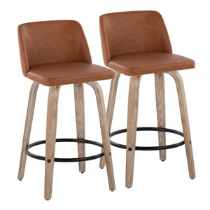 English Elm 26 Inch Swivel Counterstools with Bentwood Base Grey Upholstery and Metal Footrest Set Camel - B Faux Leather B202S02449