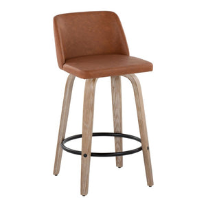 English Elm 26 Inch Swivel Counterstools with Bentwood Base Grey Upholstery and Metal Footrest Set Camel - B Faux Leather B202S02449