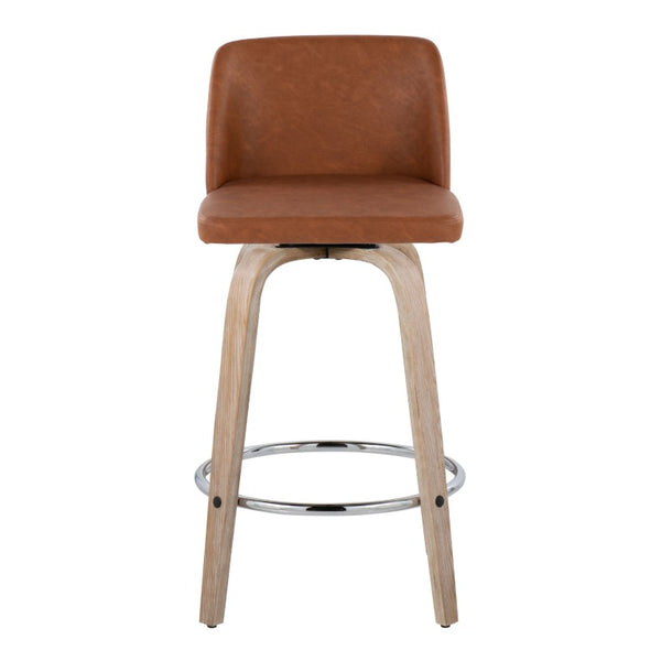 English Elm Mid-Century Modern Swivel Counterstools with Walnut Frame and Upholstered Seats Set of 2 Camel Faux Leather B202S02450