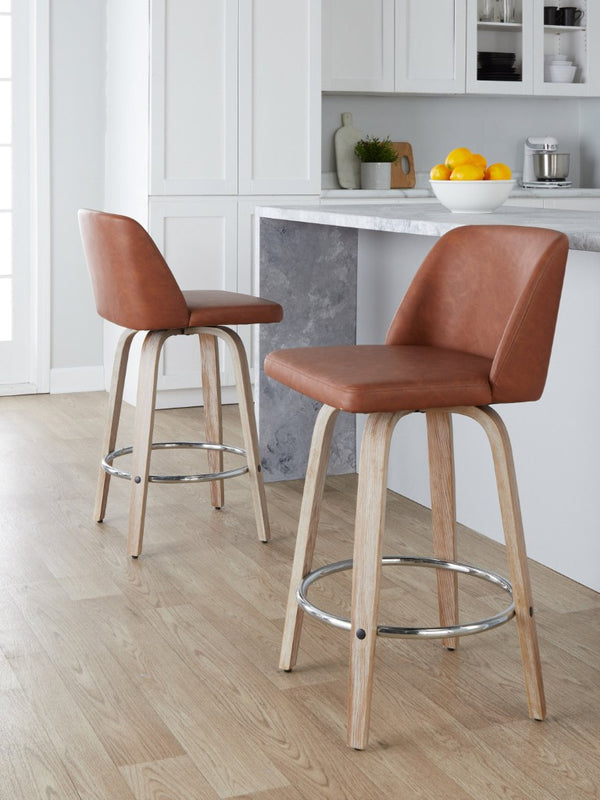 English Elm Mid-Century Modern Swivel Counterstools with Walnut Frame and Upholstered Seats Set of 2 Camel Faux Leather B202S02450