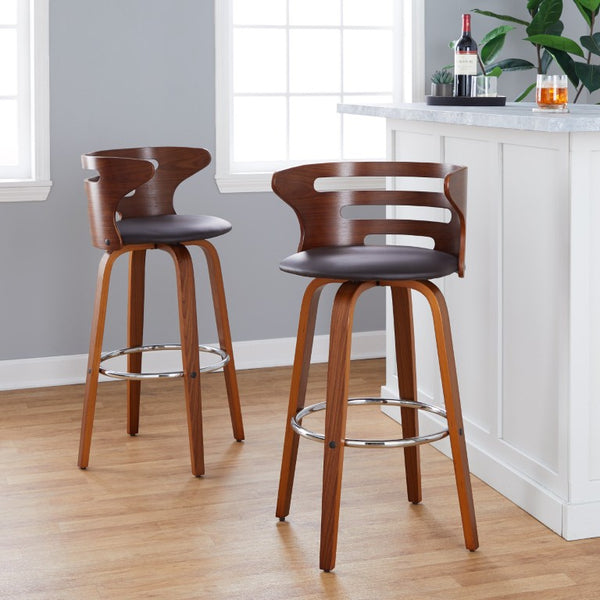 English Elm 30 Inch Mid-Century Swivel Barstools with Walnut Legs Faux Leather Seats Set of 2 B202S02453
