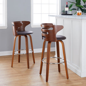 English Elm 30 Inch Mid-Century Swivel Barstools with Walnut Legs Faux Leather Seats Set of 2 B202S02453