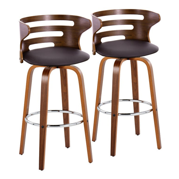 English Elm 30 Inch Mid-Century Swivel Barstools with Walnut Legs Faux Leather Seats Set of 2 B202S02453