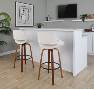 English Elm 30 Inch Mid-Century Swivel Barstools with Walnut Bentwood Legs Cream Upholstery Set of 2 B202S02459