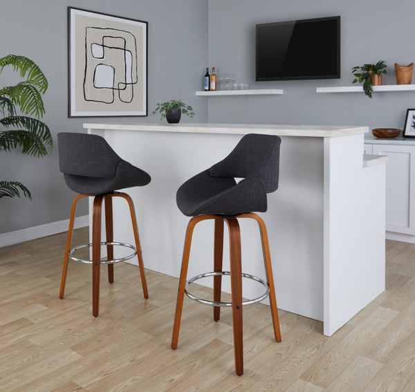English Elm 30 Inch Mid-Century Swivel Barstools with Walnut Bentwood Legs and Charcoal Upholstery Set of 2 B202S02462
