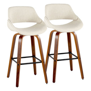 English Elm 30 Inch Swivel Barstools Mid Century Walnut Legs Cream Fabric Seat Black Footrest Set of 2 B202S02466