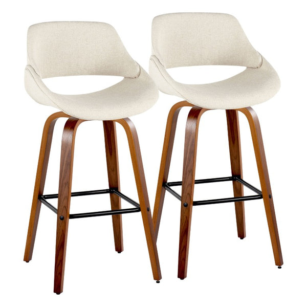 English Elm 30 Inch Swivel Barstools Mid Century Walnut Legs Cream Fabric Seat Black Footrest Set of 2 B202S02466