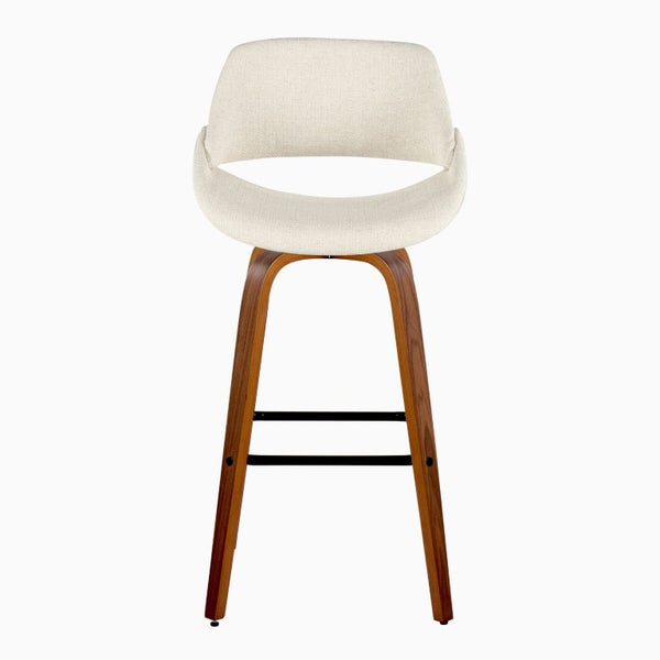 English Elm 30 Inch Swivel Barstools Mid Century Walnut Legs Cream Fabric Seat Black Footrest Set of 2 B202S02466