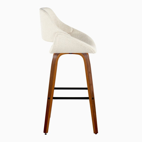 English Elm 30 Inch Swivel Barstools Mid Century Walnut Legs Cream Fabric Seat Black Footrest Set of 2 B202S02466