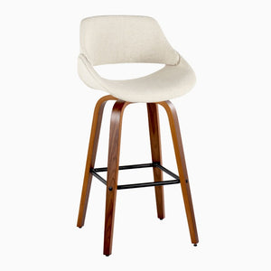 English Elm 30 Inch Swivel Barstools Mid Century Walnut Legs Cream Fabric Seat Black Footrest Set of 2 B202S02466