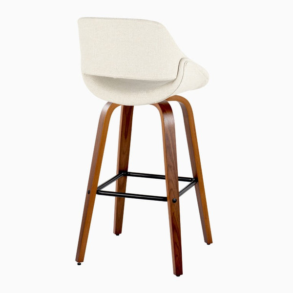 English Elm 30 Inch Swivel Barstools Mid Century Walnut Legs Cream Fabric Seat Black Footrest Set of 2 B202S02466