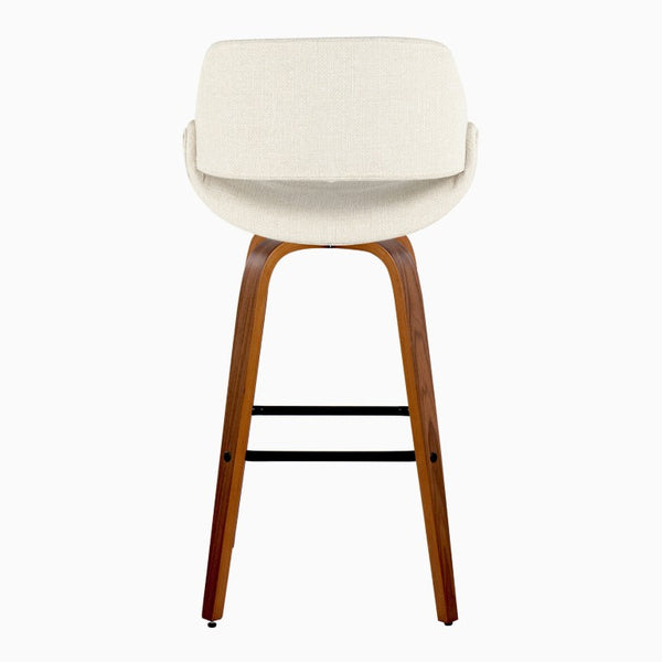 English Elm 30 Inch Swivel Barstools Mid Century Walnut Legs Cream Fabric Seat Black Footrest Set of 2 B202S02466