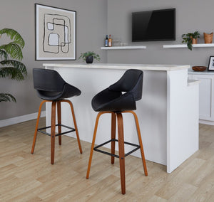 English Elm 30 Inch Mid-Century Swivel Barstools with Walnut Wood Legs and Black Faux Leather Seats 2 Pack B202S02473