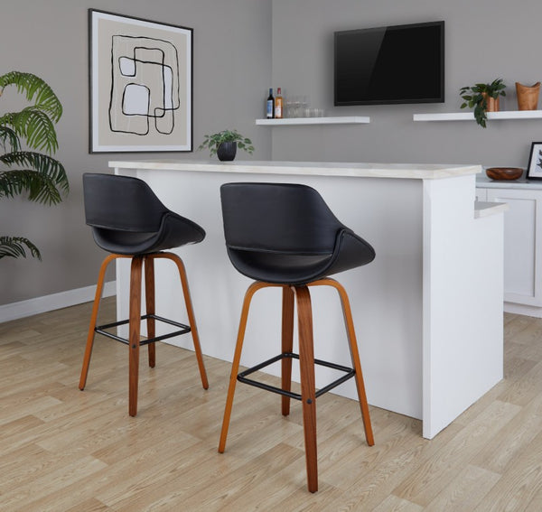 English Elm 30 Inch Mid-Century Swivel Barstools with Walnut Wood Legs and Black Faux Leather Seats 2 Pack B202S02473