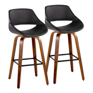 English Elm 30 Inch Mid-Century Swivel Barstools with Walnut Wood Legs and Black Faux Leather Seats 2 Pack B202S02473