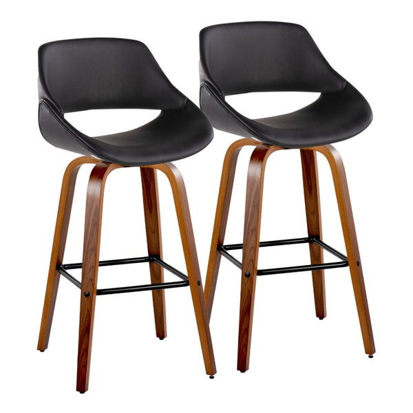 English Elm 30 Inch Mid-Century Swivel Barstools with Walnut Wood Legs and Black Faux Leather Seats 2 Pack B202S02473