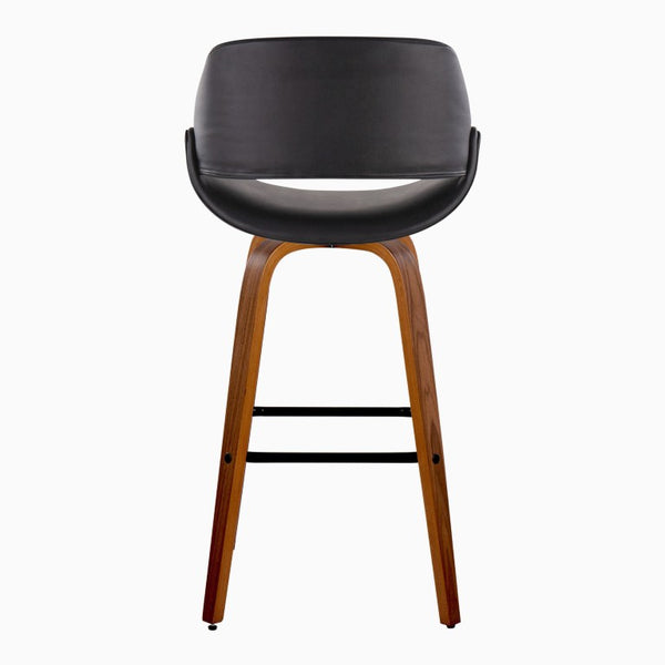 English Elm 30 Inch Mid-Century Swivel Barstools with Walnut Wood Legs and Black Faux Leather Seats 2 Pack B202S02473