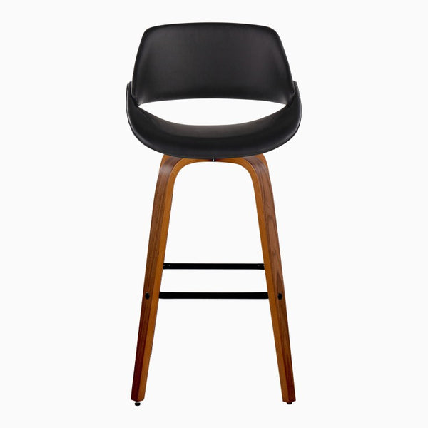 English Elm 30 Inch Mid-Century Swivel Barstools with Walnut Wood Legs and Black Faux Leather Seats 2 Pack B202S02473