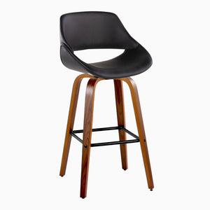 English Elm 30 Inch Mid-Century Swivel Barstools with Walnut Wood Legs and Black Faux Leather Seats 2 Pack B202S02473