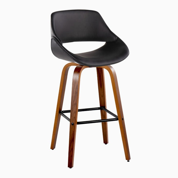 English Elm 30 Inch Mid-Century Swivel Barstools with Walnut Wood Legs and Black Faux Leather Seats 2 Pack B202S02473