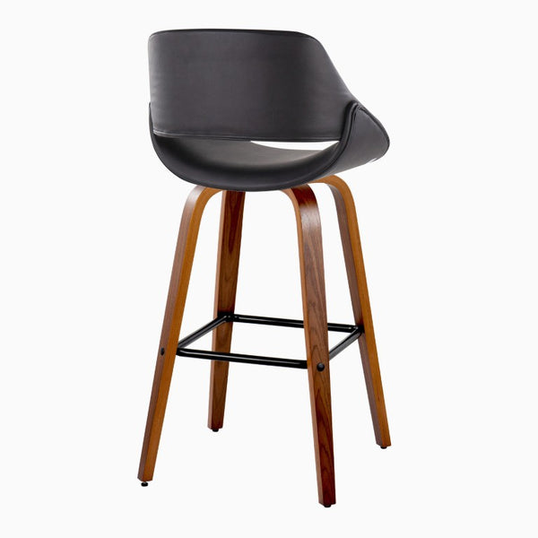 English Elm 30 Inch Mid-Century Swivel Barstools with Walnut Wood Legs and Black Faux Leather Seats 2 Pack B202S02473