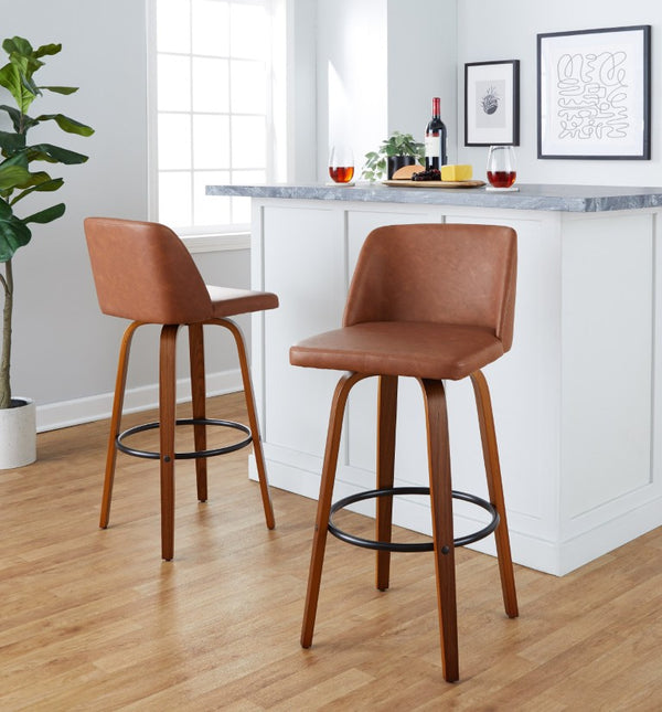 English Elm 30 Inch Swivel Barstools Mid-Century Walnut Bentwood Faux Leather Kitchen Counter Set of 2 B202S02482