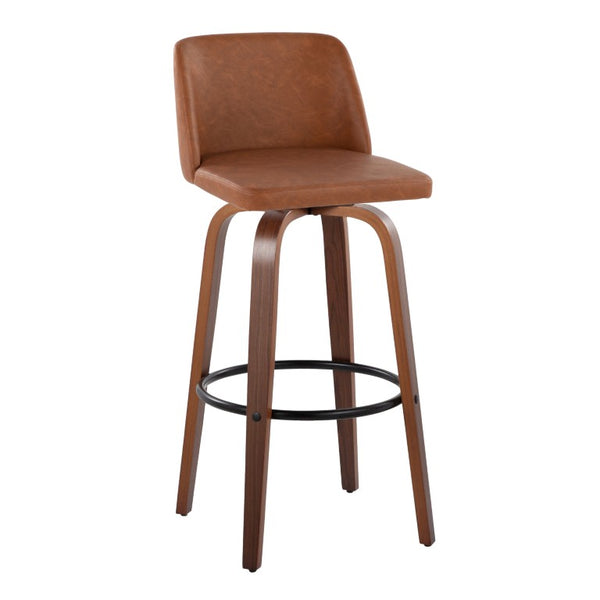 English Elm 30 Inch Swivel Barstools Mid-Century Walnut Bentwood Faux Leather Kitchen Counter Set of 2 B202S02482