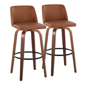 English Elm 30 Inch Swivel Barstools Mid-Century Walnut Bentwood Faux Leather Kitchen Counter Set of 2 B202S02482