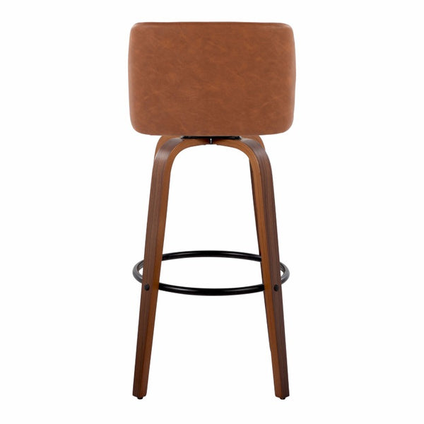 English Elm 30 Inch Swivel Barstools Mid-Century Walnut Bentwood Faux Leather Kitchen Counter Set of 2 B202S02482