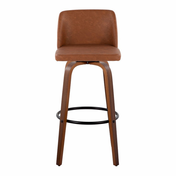 English Elm 30 Inch Swivel Barstools Mid-Century Walnut Bentwood Faux Leather Kitchen Counter Set of 2 B202S02482