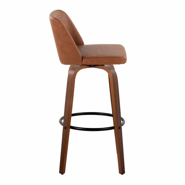 English Elm 30 Inch Swivel Barstools Mid-Century Walnut Bentwood Faux Leather Kitchen Counter Set of 2 B202S02482