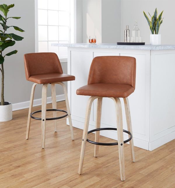 English Elm 30 Inch Swivel Barstools Set of 2 Bentwood Faux Leather Seats for Kitchen Bar B202S02483