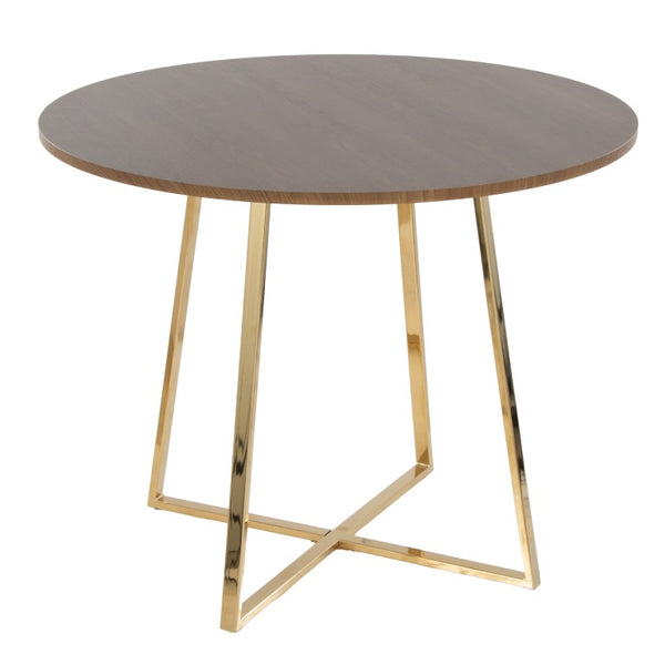 English Elm 1 Round Walnut Top Dining Table with Sculptural Gold Base Seats Four Glam Modern B202S02516