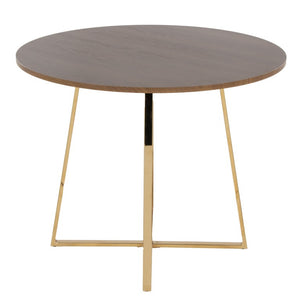 English Elm 1 Round Walnut Top Dining Table with Sculptural Gold Base Seats Four Glam Modern B202S02516