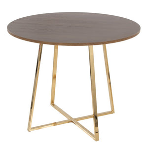 English Elm 1 Round Walnut Top Dining Table with Sculptural Gold Base Seats Four Glam Modern B202S02516