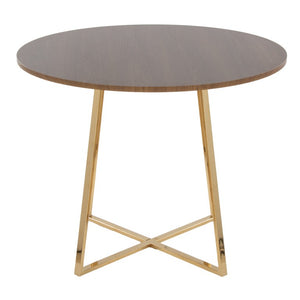 English Elm 1 Round Walnut Top Dining Table with Sculptural Gold Base Seats Four Glam Modern B202S02516